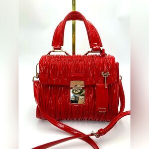 Auth Miu Miu Red Matelasse Enamel Leather 2way Madras Top Handle Handbag